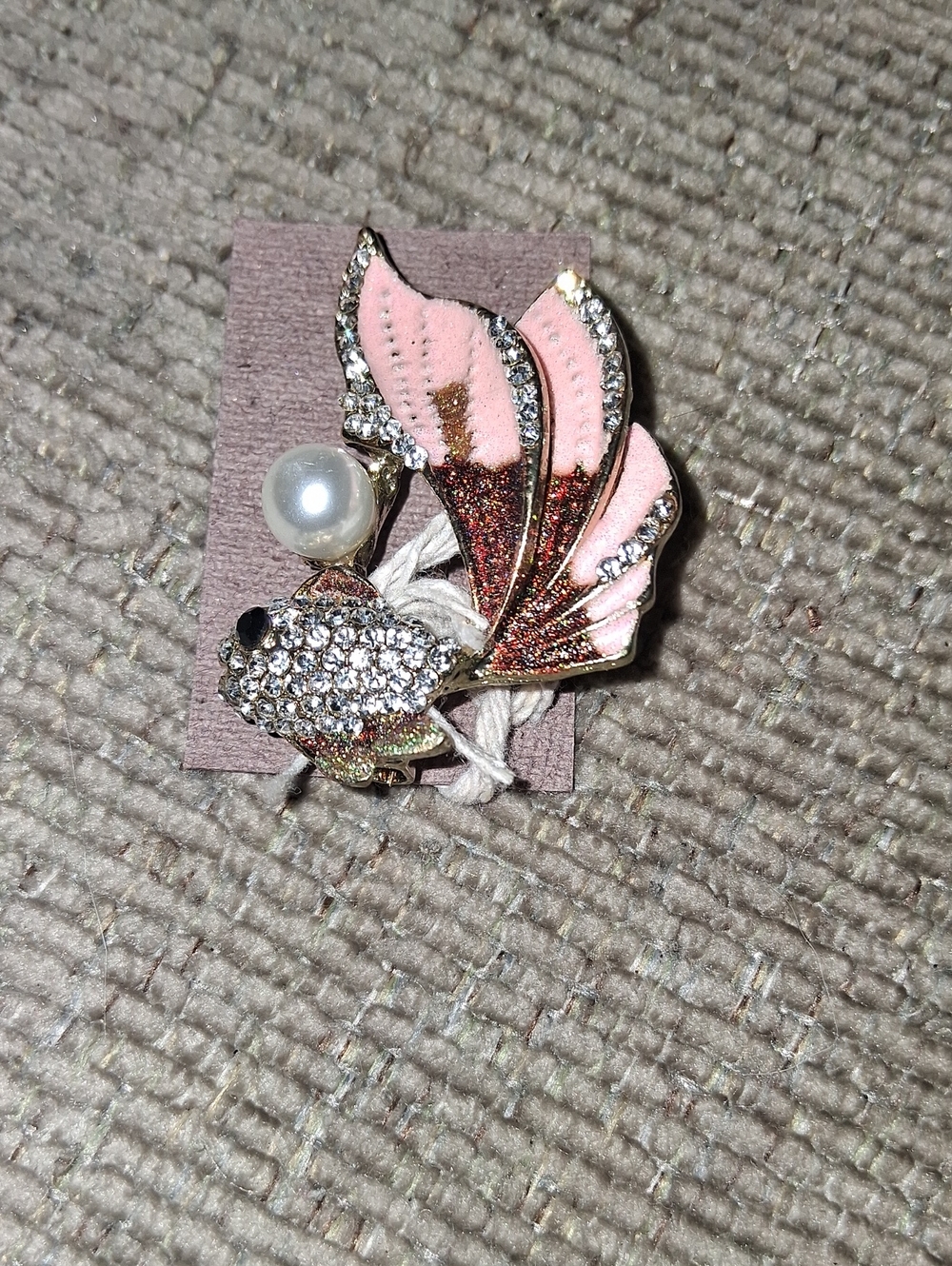 Crystal & Pink Enamel Fish Brooch with Faux Pearl